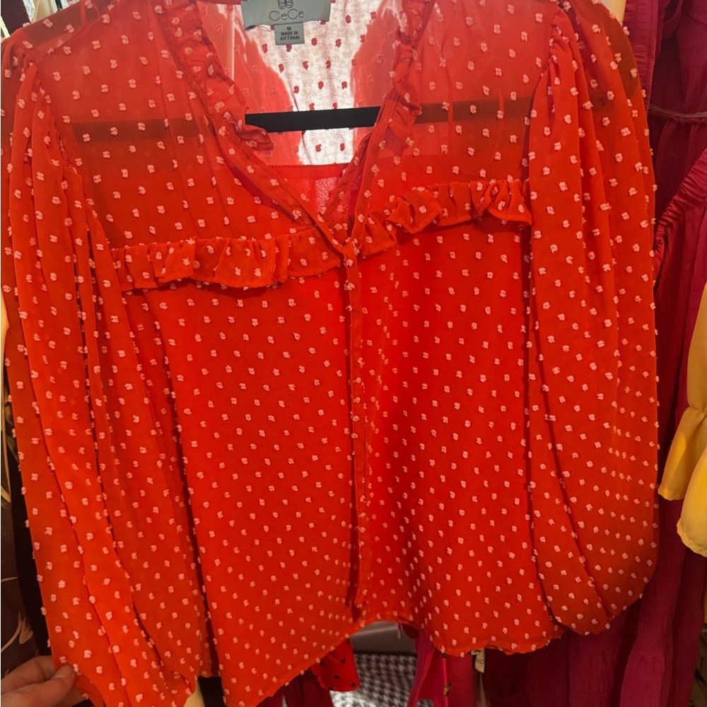 CeCe Vibrant Red Sheer Blouse
